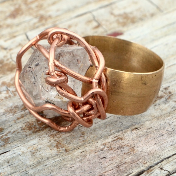 CUSTOM Genuine Herkimer Diamond Quartz Brass Solid Copper Ring Rustic Reiki OOAK - Picture 2 of 7